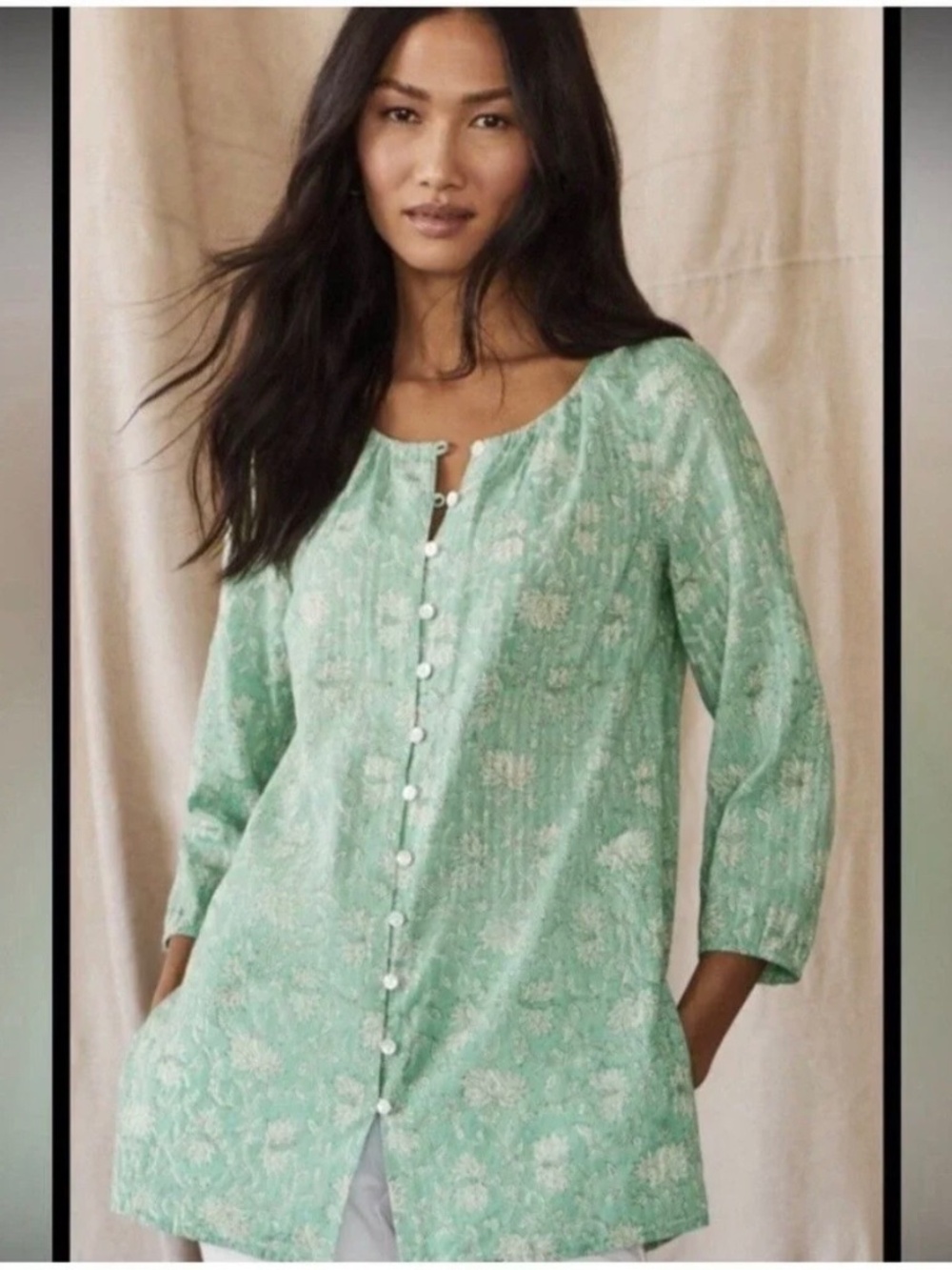 J Jill Pure Jill Cotton Aqua Climbing Vines Button Front Tunic XLP